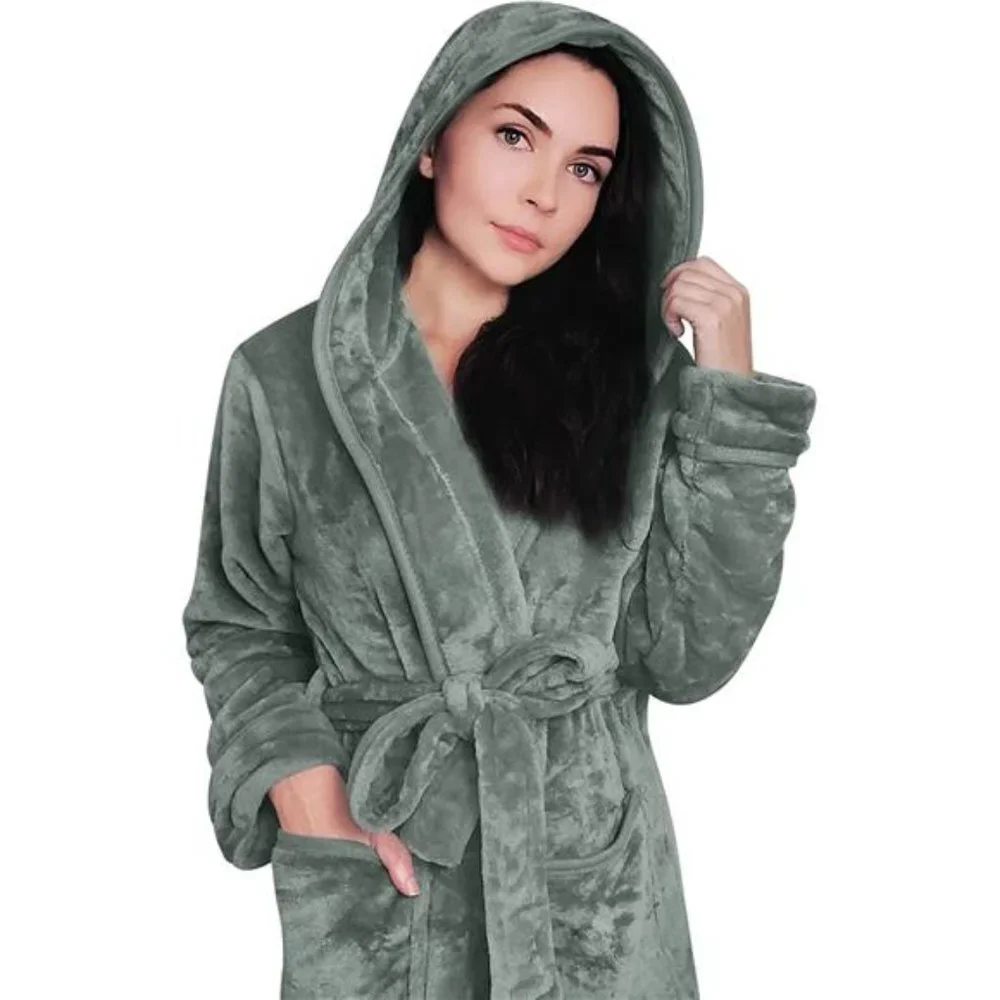 Women Fleece Hooded Bathrobe - Plush Long Robe, Gray